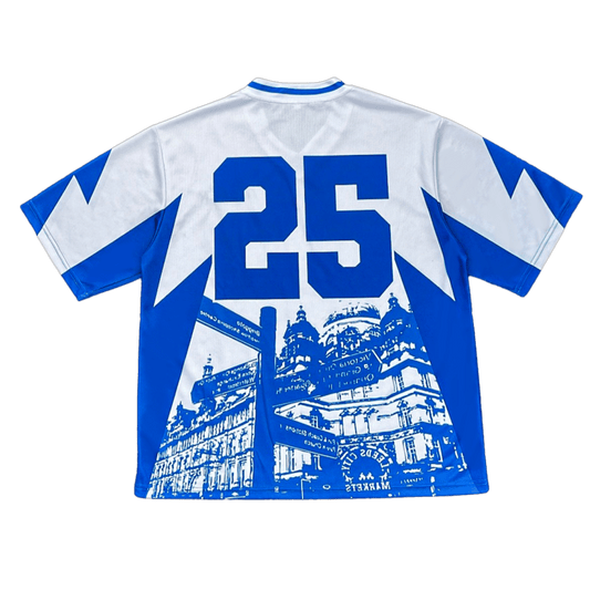 Back of blue and white Evel jersey with Leeds Kirkgate Market graphic and number 25