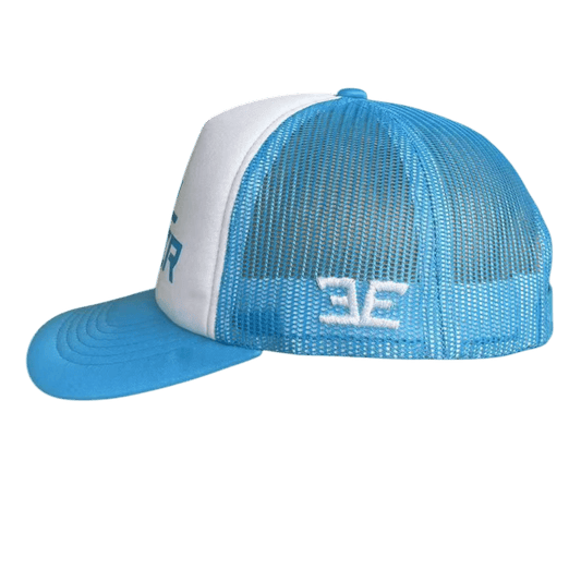 Side view of blue and white Evel trucker hat with rear mesh panels